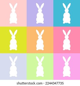 Satz von weißen Silberhouettes Kaninchen auf buntem Hintergrund. Vektorobjekte für Osterdesign