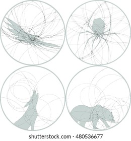 Set of silhouettes of wild animals, bird and spider. Round monochrome images