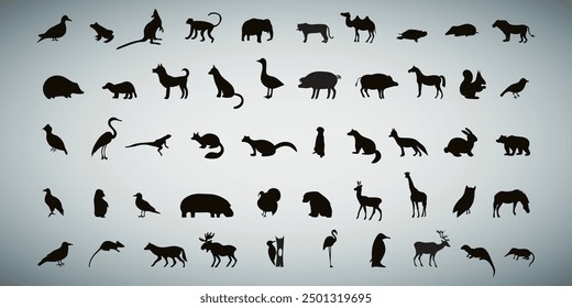 Set of silhouettes of wild animals. Forest animals. Birds of the forest. Collection of 50 pieces. Vector on a gray background