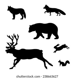 Set of silhouettes of wild animals on a white background.