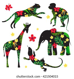 Set silhouettes of wild animals with a tropical floral print. Decorative element. Monkey, leopard, elephant, giraffe, lizard. Clip art.