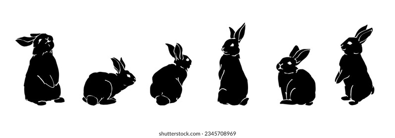 Set of silhouettes of wild forest animals hares, rabbits.Vector graphics.	