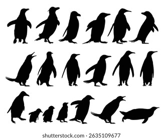 Conjunto de siluetas de pingüinos salvajes.
