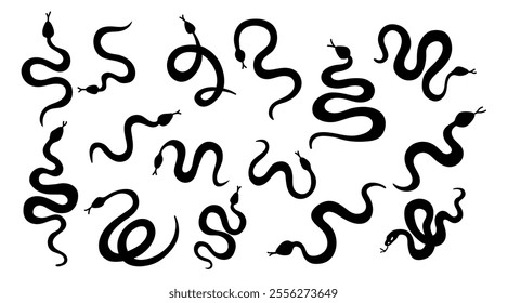 set silhouettes of wild snakes. Symbol of 2025. Ink silhouette for design. Vector illustration isolated on white background.