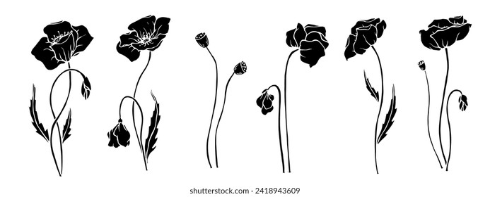 Set of silhouettes of wild, wildflowers and poppy buds.Vector graphics.