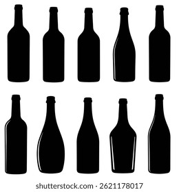 Set of silhouettes of wine bottles. Vector illustration in flat style
