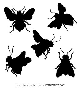 Set of silhouettes of winged insects, honey bees.Vector graphics.