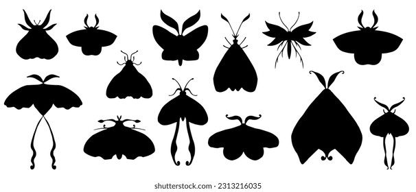 Set of silhouettes of winged insects of the night moth.Vector graphics.