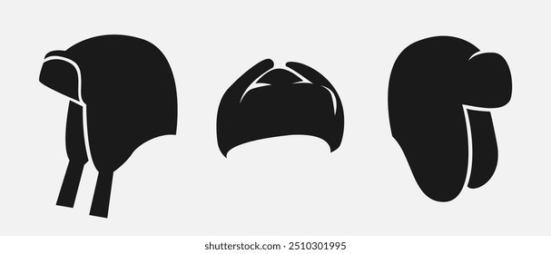 Set silhouettes of winter hat, trapper earflaps, ushanka. Icon, logo on white background. Colored vector illustration.