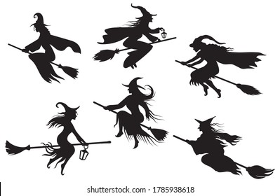 Set of silhouettes witches flying on a broomstick. Collection of mythical characters for Halloween. Magic female in witch hat. Terrifying sticker. Vector illustration outline of scary personage. 