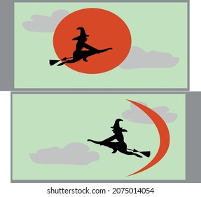 Set of silhouettes witches flying on a broomstick. Collection of mythical characters for Halloween. Magic female in witch hat. Terrifying sticker. Vector illustration outline of scary personage.