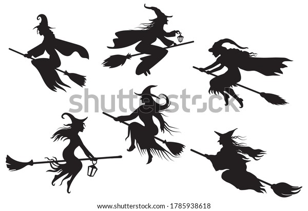 Set Silhouettes Witches Flying On Broomstick Stock Vector (Royalty Free ...