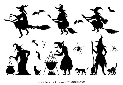 Set silhouettes of witches in long black ragged dress vector flat illustration. Horror female character fly on a broomstick, brew a potion. Halloween scary bat, cat, bones, mushroom, spooky hand