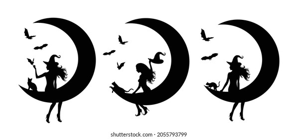 Conjunto de siluetas de brujas con la luna.