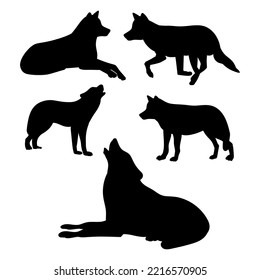 Set of silhouettes of wolves that hunt, lie, howl for design