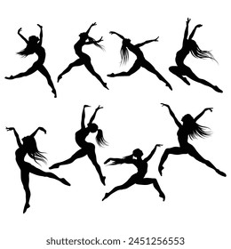 Set of silhouettes of a woman dancing in different poses. The figures show elegance, movement and energy, representing various dance styles in a minimalist design