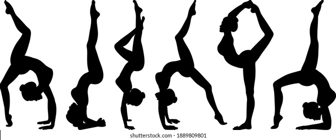 Set of silhouettes of woman doing yoga poses. Icons of girl stretching and relaxing her body in many complex yoga poses. Black shapes of woman isolated on white background. Vector illustration.