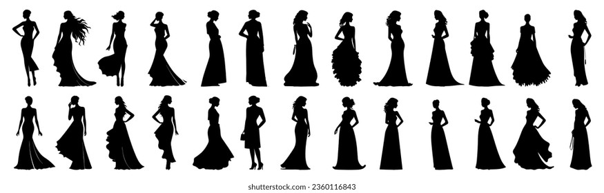set of silhouettes of woman in a dress. standing pose. isolated background. eps 10
