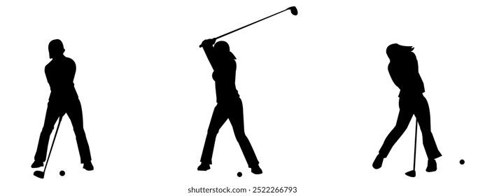 Set of silhouettes of a woman playing golf. Silhouette of female golfer in action pose.