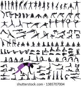 Conjunto de siluetas de mujeres practicando ejercicios de yoga.  Iconos de muchacha estirando y relajando su cuerpo en diferentes poses de yoga. Formas negras de mujer de yoga aislada en fondo blanco. 