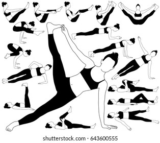 Set of silhouettes of woman practicing yoga exercises in different poses. Shapes of slim girl in costume doing yoga stretching.