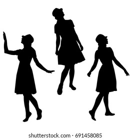 Set silhouettes of a woman, vector, various poses, standing, black color, isolated on white background