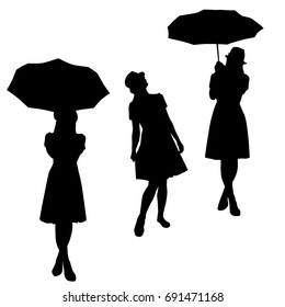 Set silhouettes of a woman, vector, various poses, standing, umbrella,  black color, isolated on white background