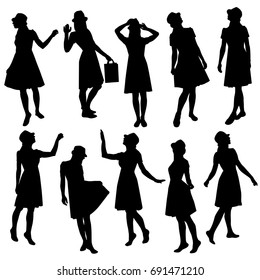 Set silhouettes of a woman, vector, various poses, standing, black color, isolated on white background