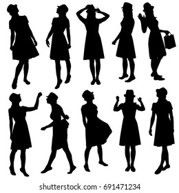Set silhouettes of a woman, vector, various poses, standing, black color, isolated on white background