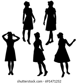 Set silhouettes of a woman,  vector, various poses, standing, black color, isolated on white background