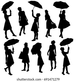 Set silhouettes of a woman, vector, various poses, standing, umbrella, black color, isolated on white background