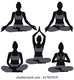 Set of silhouettes of woman in yoga poses for meditation and concentration. Shapes of girl practicing yoga isolated on white background.