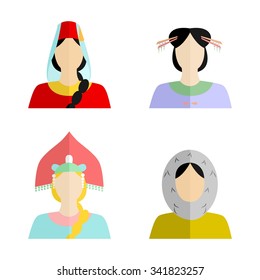 set of silhouettes of womans of different nationalities in their national costumes.