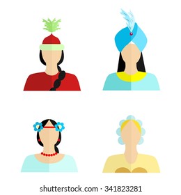 set of silhouettes of womans of different nationalities in their national costumes.