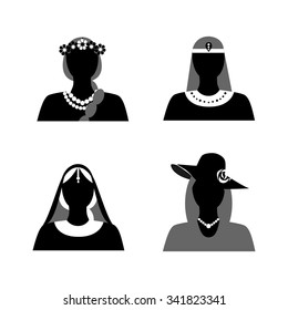 set of silhouettes of womans of different nationalities in their national costumes.