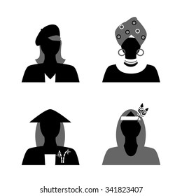 set of silhouettes of womans of different nationalities in their national costumes.