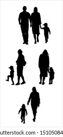 Set of silhouettes of women with children, vector. Parents and children