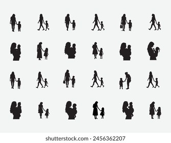 Set of silhouettes of women with children, vector collection. Mother's day concept.