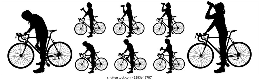 Set of silhouettes of women cyclists. A girl stands near the bike and holds a bottle of drink in her hand. Cyclist. A group of cyclists. Sport. Side view. Black color silhouette on white background