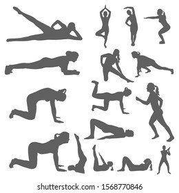 Set of silhouettes of a women engaged sports, fitness, yoga and pilates. Performing physical exercises by a girl and outdoor activities. Healthy lifestyle. Isolated vector on a white background.