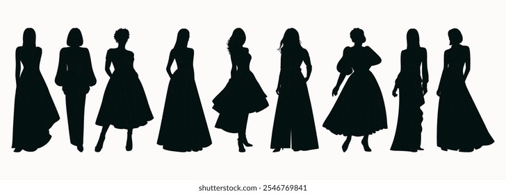 Set of silhouettes of women in evening dresses. Girls in formal clothes for event or party. Hand drawn vector illustration isolated on white background, flat cartoon style.