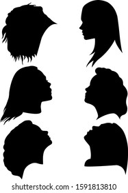 Set of silhouettes of women faces. Vector female icons. Isolated illustrations of different women. Diverse hairstyles. Vector