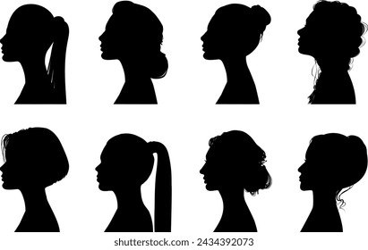 Set silhouettes of women. Female emotions. A beautiful woman. Icon or avatar. Banner or your advertisement. Universal sign on isolated background.