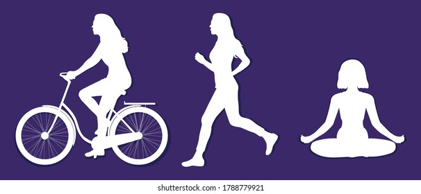 Set of silhouettes of women. Healthy lifestyle. Sport. Yoga. Paper cut effect. Woman on bike, running woman, woman doing yoga. Vector illustration