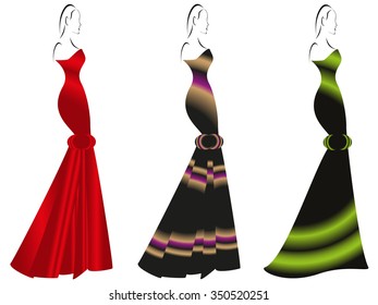 Set of silhouettes of women in long evening dresses.