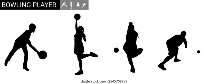 Set of silhouettes of women playing bowling. Various different poses. Sports, holidays. Vector illustration.