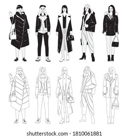 Set of silhouettes of women in spring, autumn and winter outerwear, linear sketch, standing in different poses, business people, vector illustration, black color, isolated on a white background