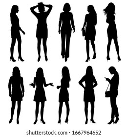 Set of silhouettes of a women standing in various poses, hands at the top and sides, group of business people, vector illustration, black color, isolated on a white background