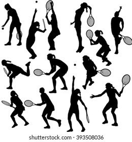 Set of silhouettes of the women who play tennis