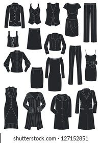 A set of silhouettes of women's classic clothing